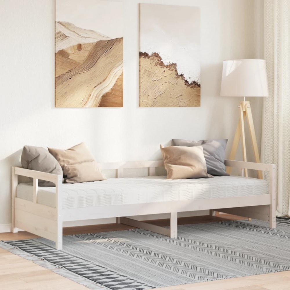 vidaXL Pat de zi cu saltea, alb, 90x200 cm, lemn masiv pin