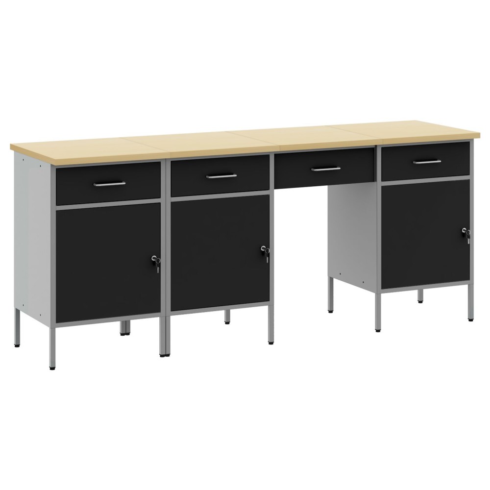 vidaXL Set dulap de lucru cu masă, 4 piese, negru, lemn și oțel
