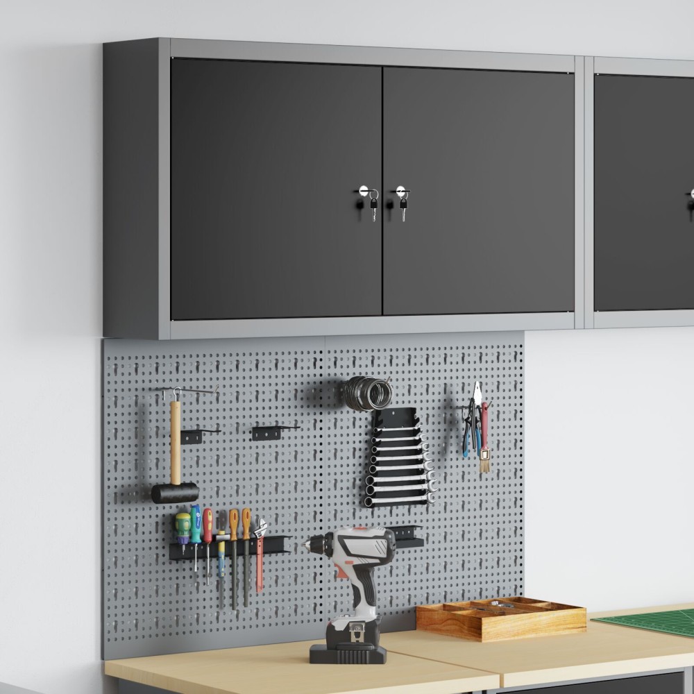 vidaXL Set dulap unelte & panou cârlige de perete, 3 piese negru metal