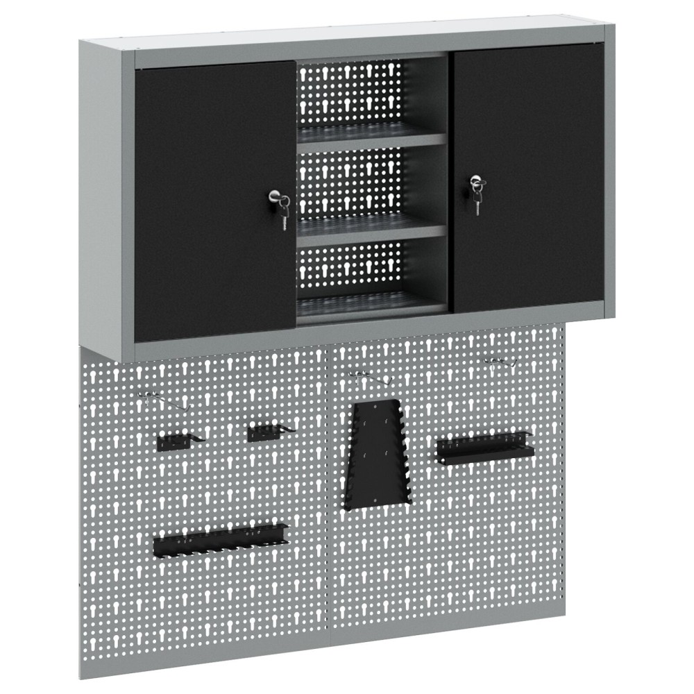 vidaXL Set dulap unelte & panou cârlige de perete, 3 piese negru metal