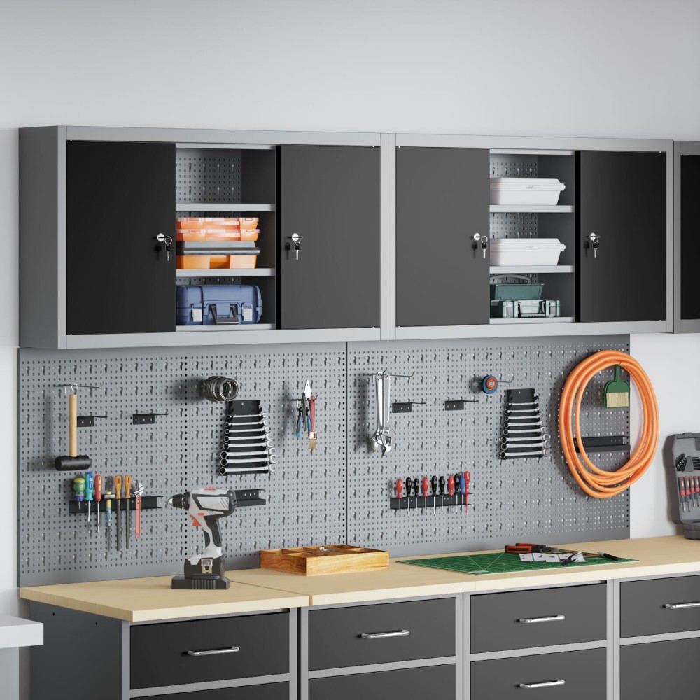 vidaXL Set dulap unelte & panou cârlige de perete, 4 piese negru metal