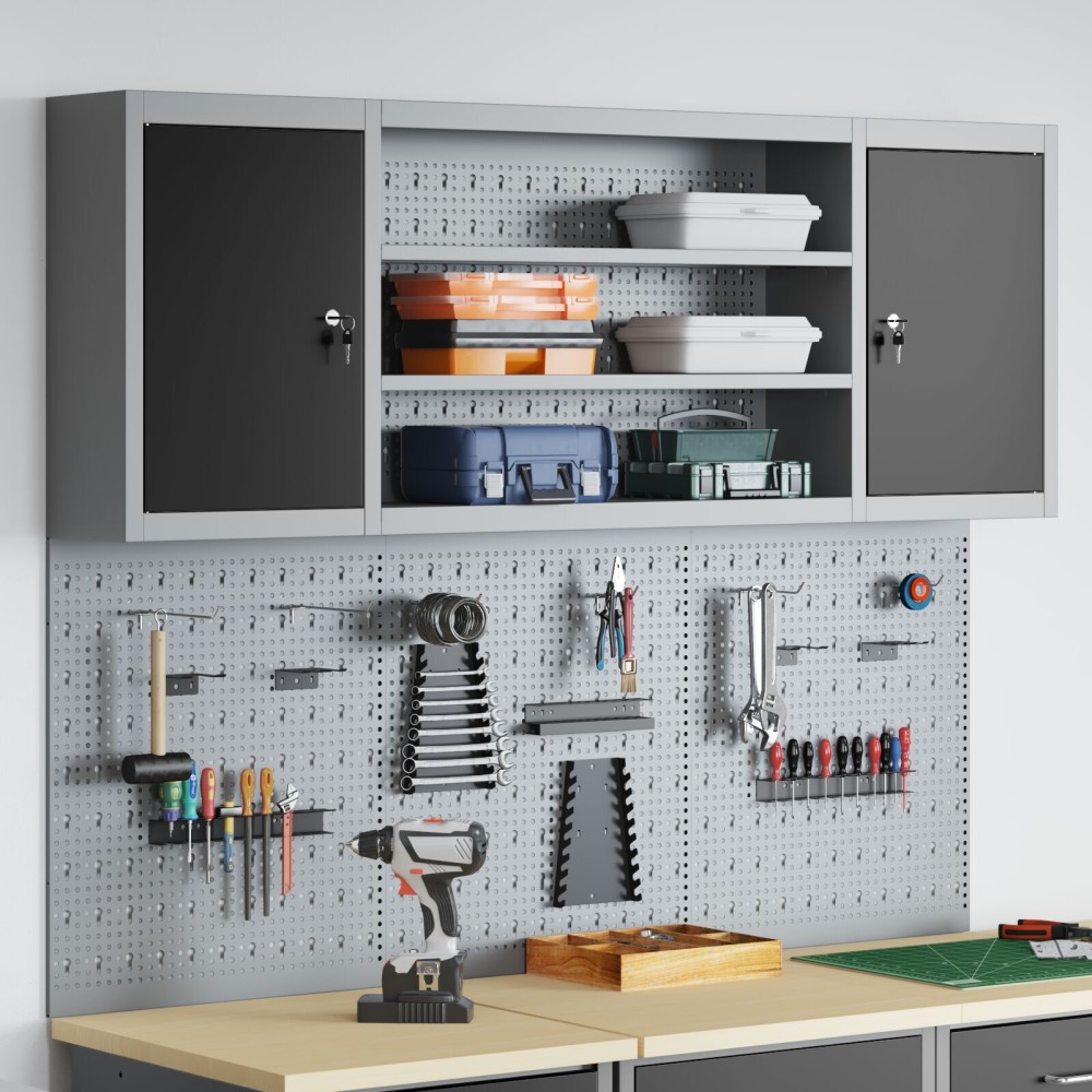 vidaXL Set dulap unelte & panou cârlige de perete, 6 piese negru metal