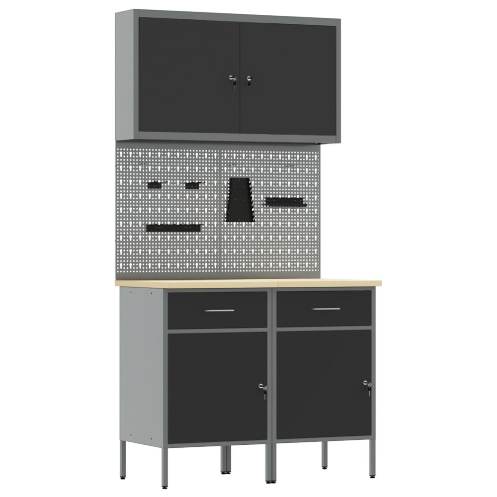 vidaXL Set dulap unelte & panou cârlige, 5 piese, negru, MDF & metal