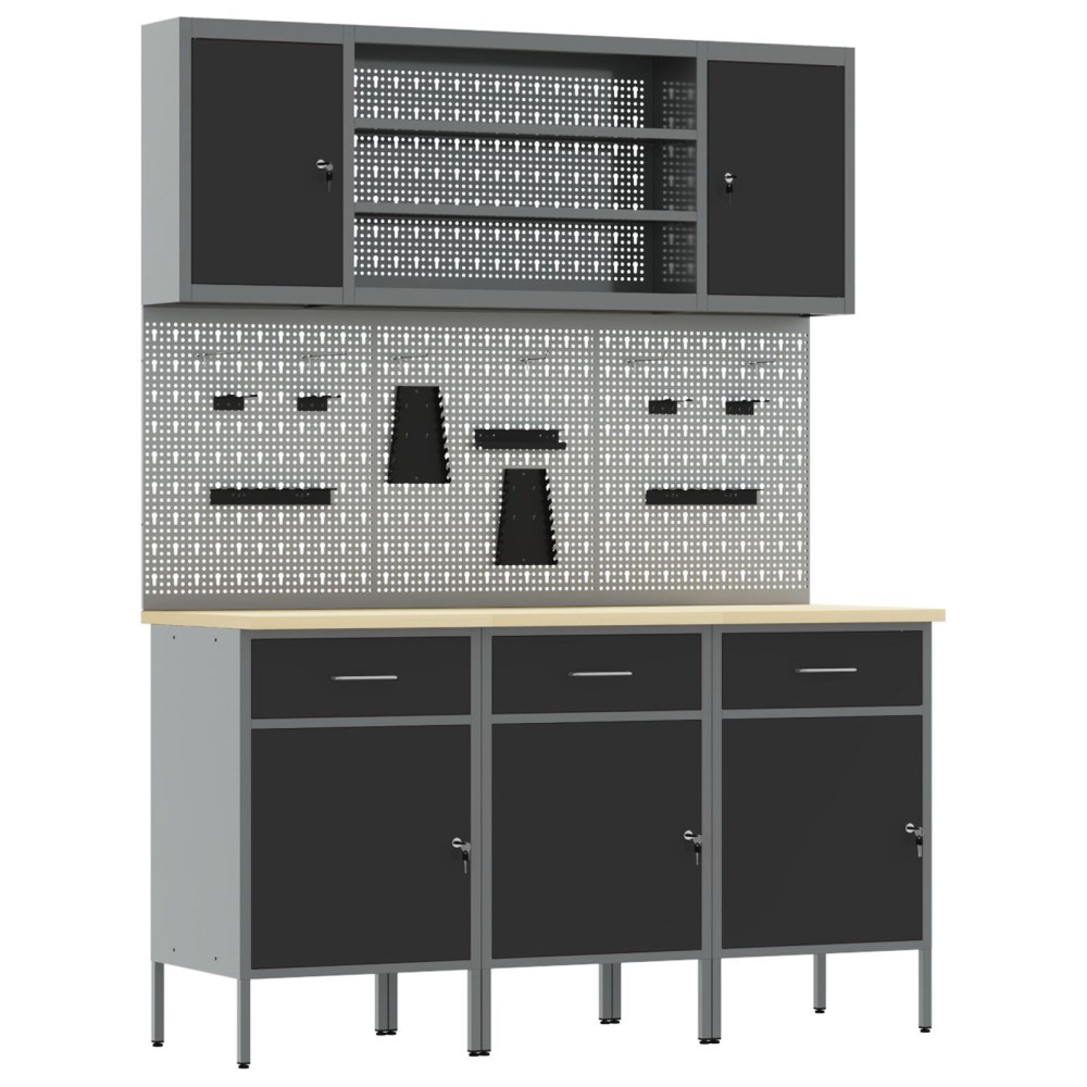 vidaXL Set banc de lucru, 7 piese, negru, oțel
