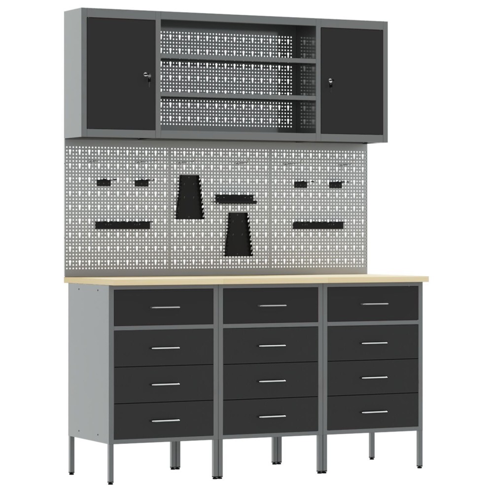 vidaXL Set banc de lucru, 7 piese, negru, oțel