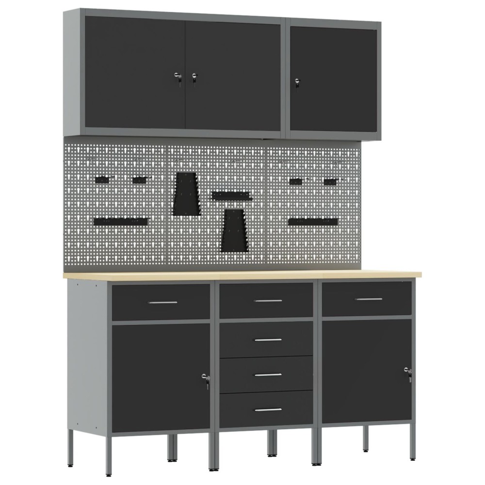vidaXL Set dulap lucru & panou cârlige, 8 piese, negru, MDF & metal