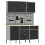 vidaXL Set dulap lucru & panou cârlige, 8 piese, negru, MDF & metal vidaXL Set dulap lucru & panou cârlige, 8 piese, negru, MDF & metal