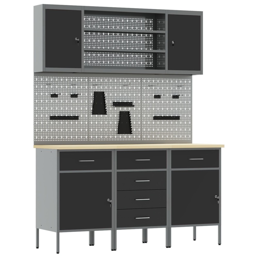 vidaXL Set banc de lucru, 7 piese, negru, oțel