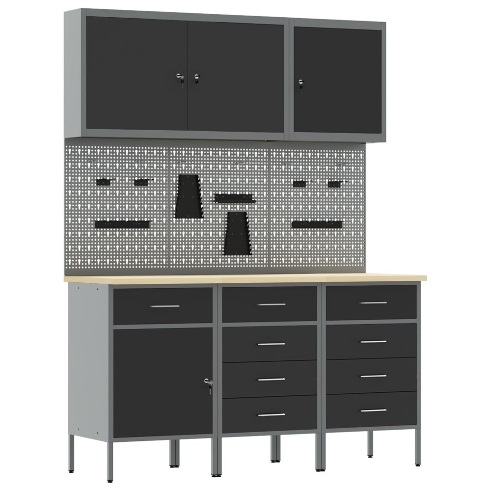 vidaXL Set banc de lucru, 8 piese, negru, oțel