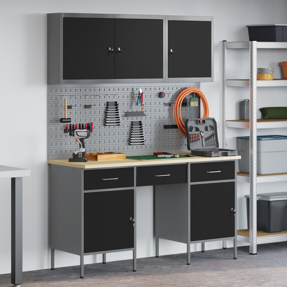 vidaXL Set banc de lucru, 8 piese, negru, oțel