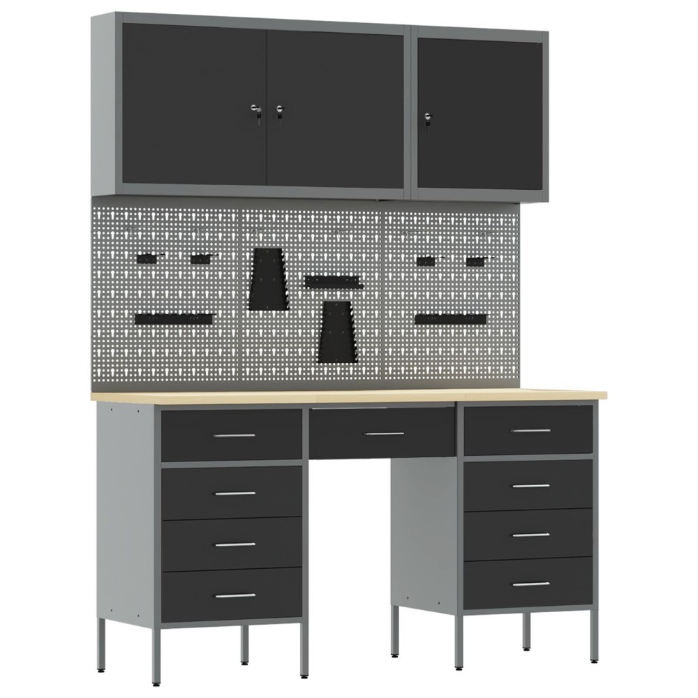 vidaXL Set dulap lucru & panou cârlige, 8 piese, negru, MDF & metal