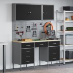 vidaXL Set dulap lucru & panou cârlige, 8 piese, negru, MDF & metal