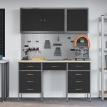 vidaXL Set dulap lucru & panou cârlige, 8 piese, negru, MDF & metal