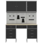 vidaXL Set dulap lucru & panou cârlige, 8 piese, negru, MDF & metal