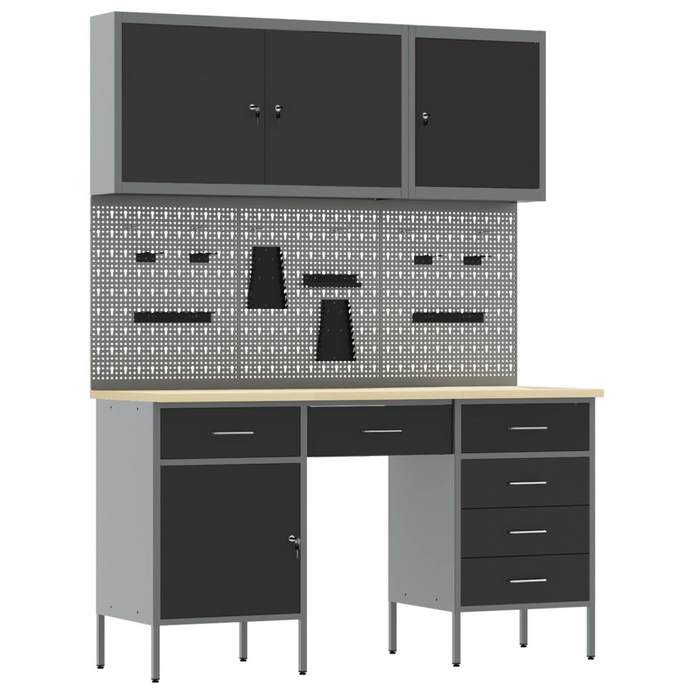 vidaXL Set dulap lucru & panou cârlige, 8 piese, negru, MDF & metal