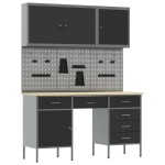 vidaXL Set dulap lucru & panou cârlige, 8 piese, negru, MDF & metal