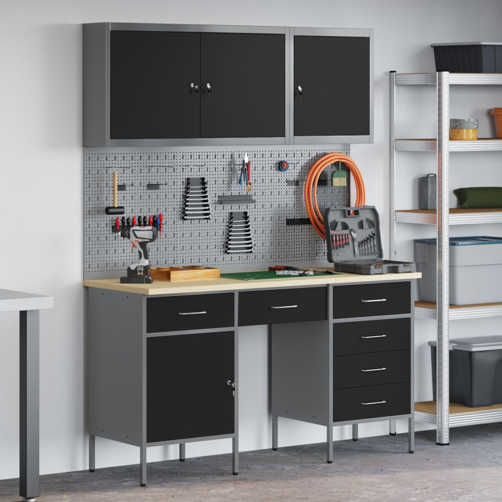 vidaXL Set dulap lucru & panou cârlige, 8 piese, negru, MDF & metal
