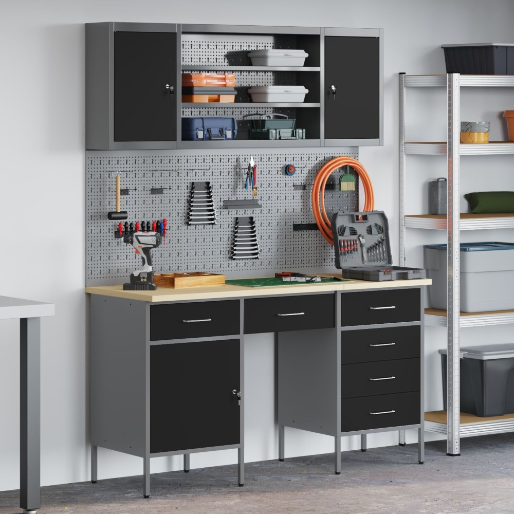vidaXL Set dulap lucru & panou cârlige, 7 piese, negru, MDF & metal