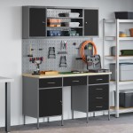 vidaXL Set dulap lucru & panou cârlige, 7 piese, negru, MDF & metal vidaXL Set dulap lucru & panou cârlige, 7 piese, negru, MDF & metal