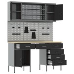 vidaXL Set dulap lucru & panou cârlige, 7 piese, negru, MDF & metal vidaXL Set dulap lucru & panou cârlige, 7 piese, negru, MDF & metal