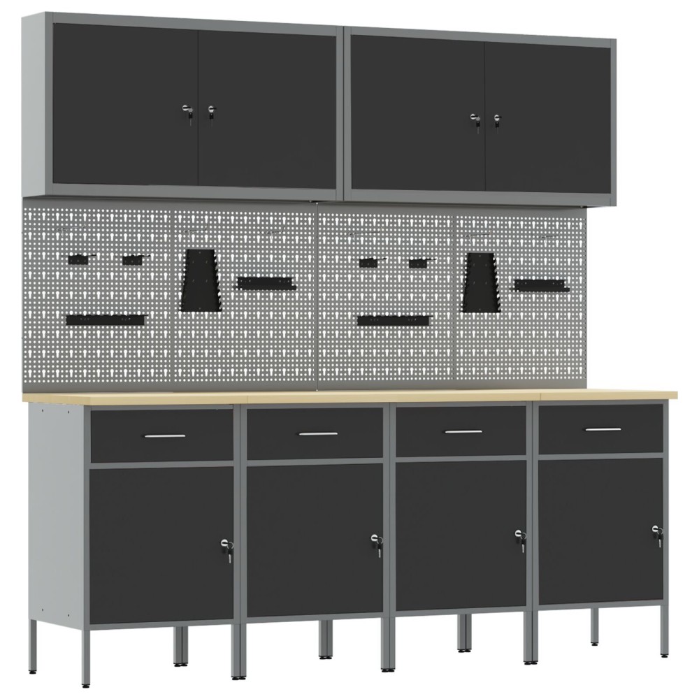 vidaXL Set dulap lucru & panou cârlige, 10 piese, negru, MDF & metal