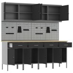 vidaXL Set dulap lucru & panou cârlige, 10 piese, negru, MDF & metal
