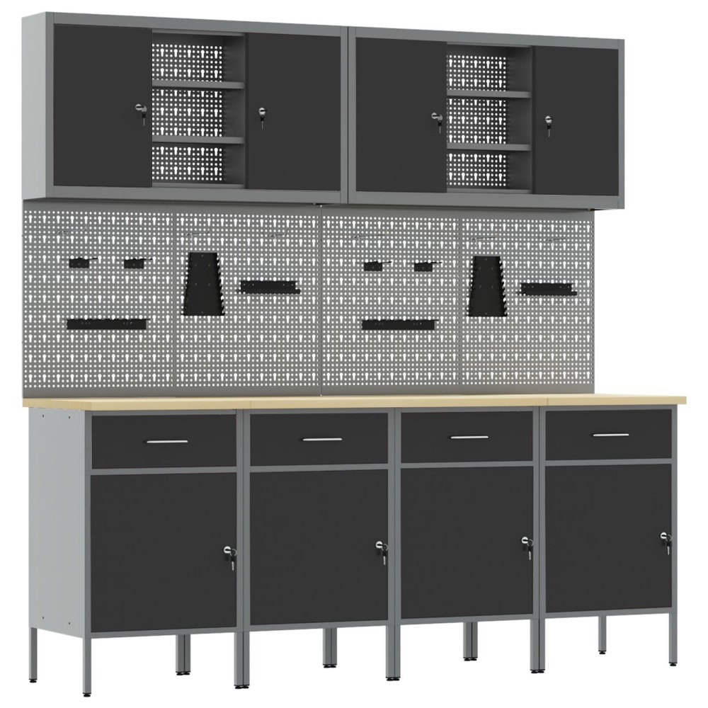 vidaXL Set dulap lucru & panou cârlige, 10 piese, negru, MDF & metal