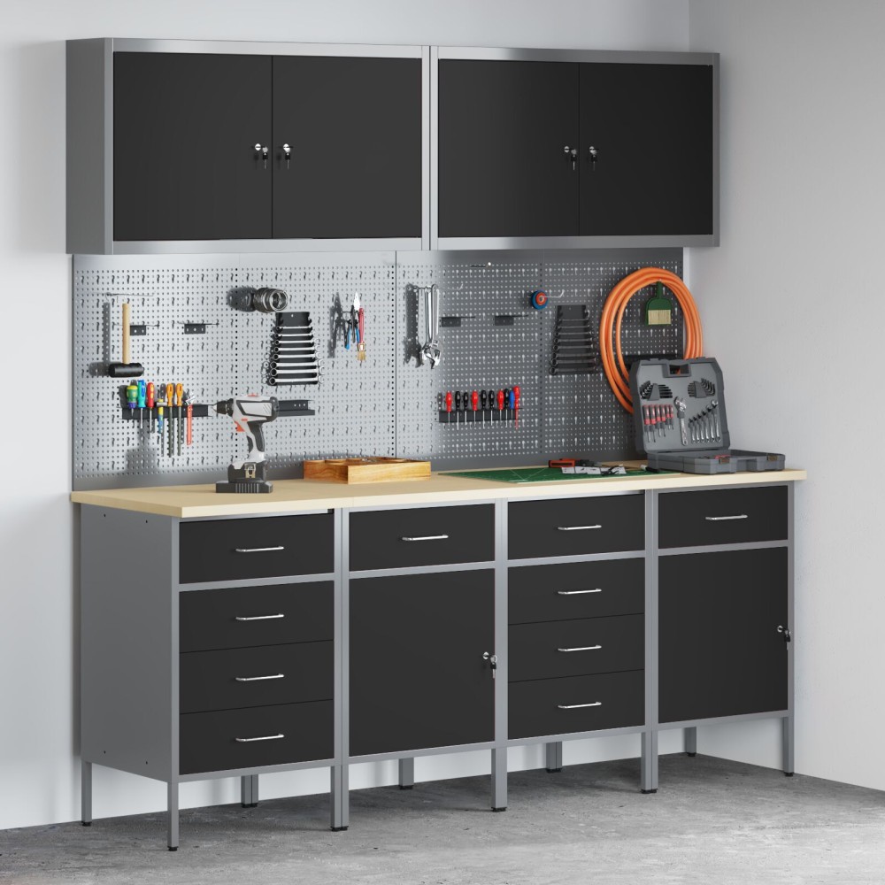 vidaXL Set dulap lucru & panou cârlige, 10 piese, negru, MDF & metal