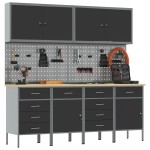 vidaXL Set dulap lucru & panou cârlige, 10 piese, negru, MDF & metal