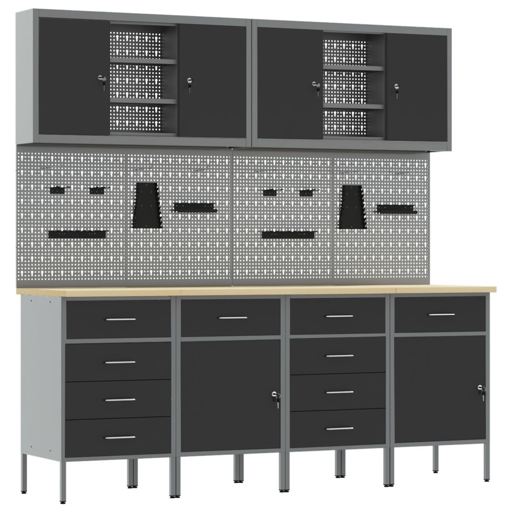 vidaXL Set dulap lucru & panou cârlige, 10 piese, negru, MDF & metal