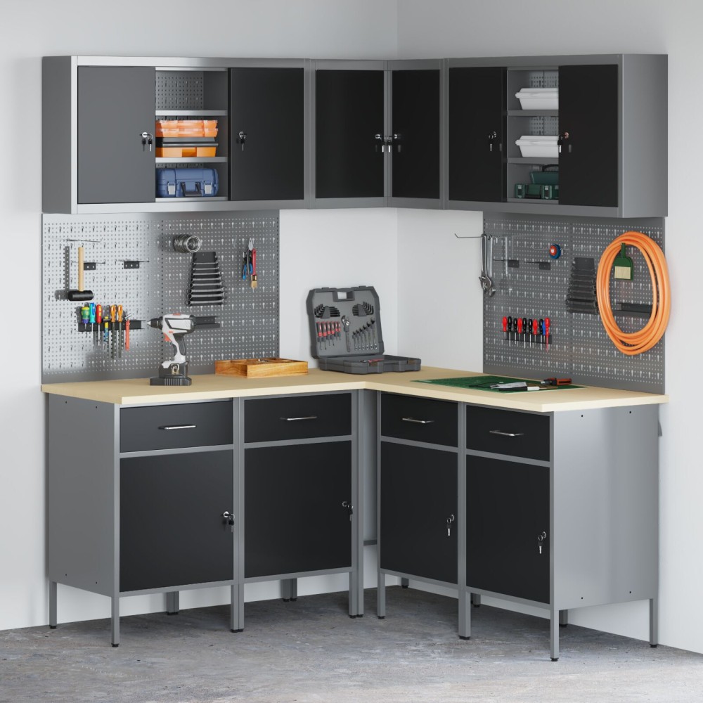 vidaXL Set dulap lucru & panou cârlige, 12 piese, negru, MDF & metal