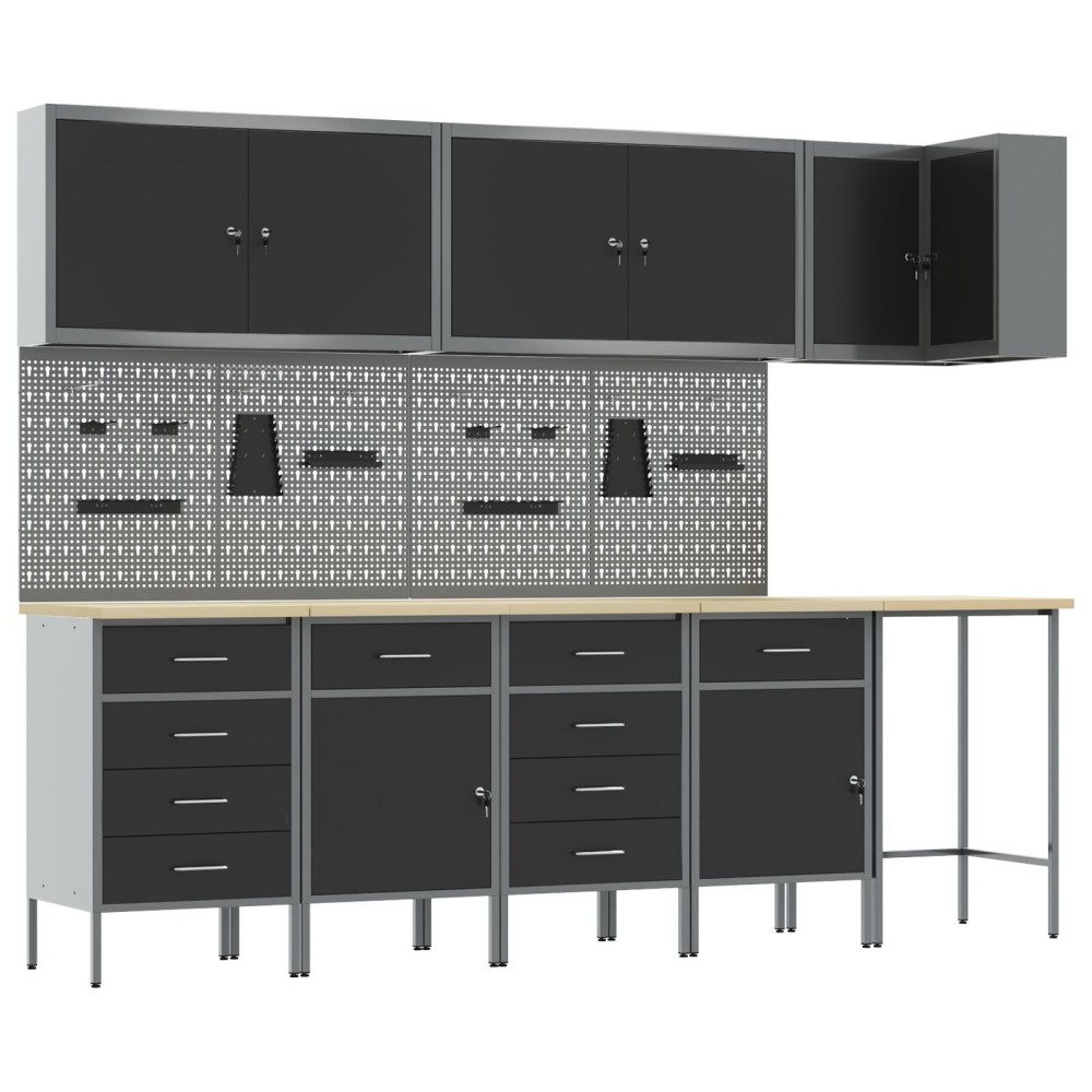 vidaXL Set dulap lucru & panou cârlige, 12 piese, negru, MDF & metal