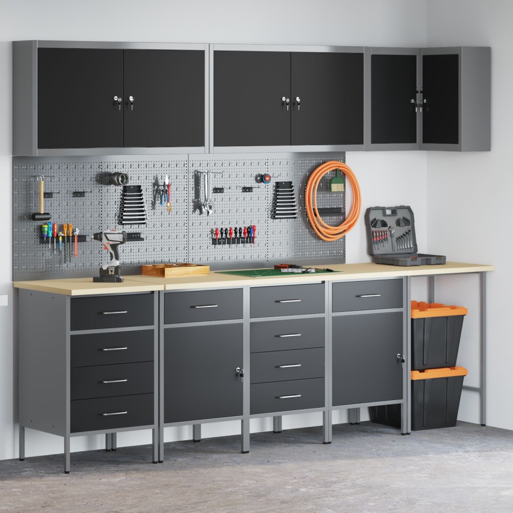 vidaXL Set dulap lucru & panou cârlige, 12 piese, negru, MDF & metal