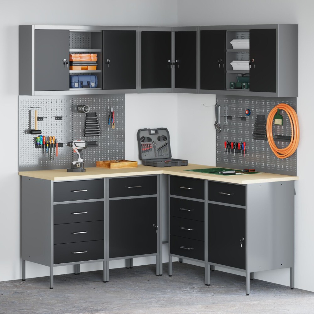 vidaXL Set dulap unelte & panou cârlige, 12 piese, negru, MDF & metal