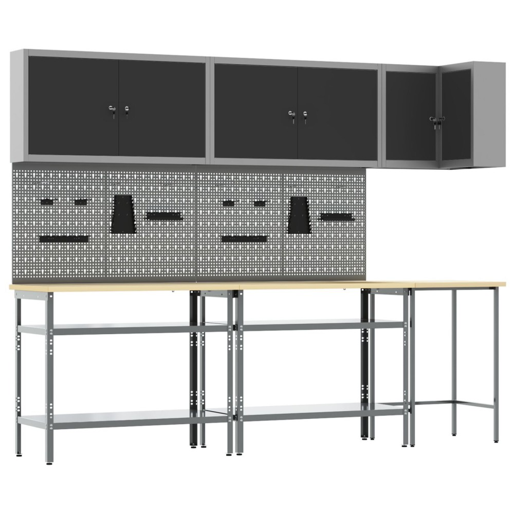 vidaXL Set masă depozitare de unelte, 10 piese, negru, lemn și metal