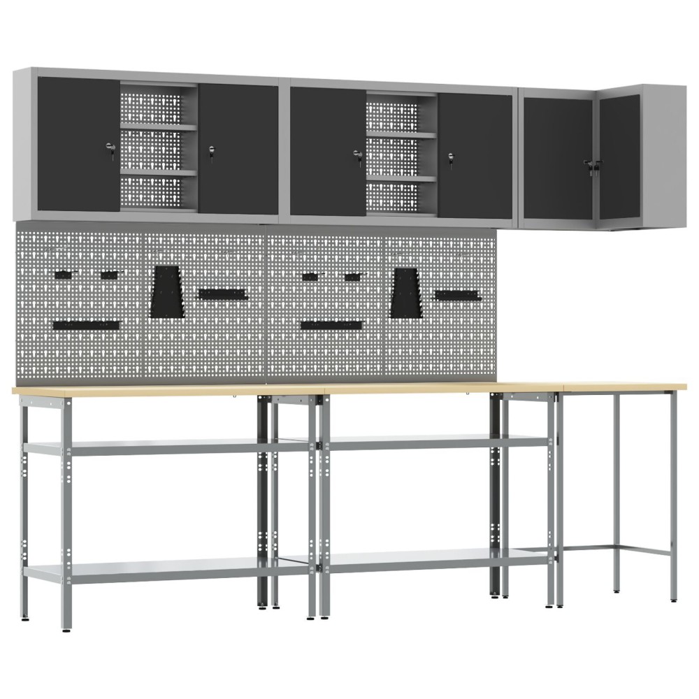 vidaXL Set masă depozitare de unelte, 10 piese, negru, lemn și metal