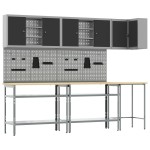 vidaXL Set masă depozitare de unelte, 10 piese, negru, lemn și metal