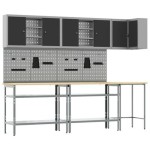 vidaXL Set masă depozitare de unelte, 10 piese, negru, lemn și metal
