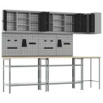 vidaXL Set masă depozitare de unelte, 10 piese, negru, lemn și metal