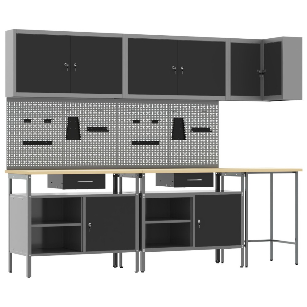 vidaXL Set masă depozitare de unelte, 10 piese, negru, lemn și metal