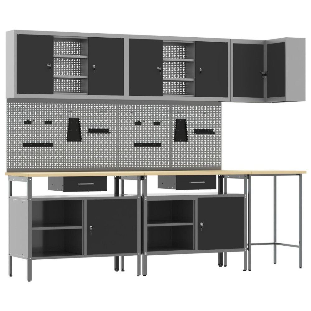 vidaXL Set masă depozitare de unelte, 10 piese, negru, lemn și metal