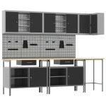 vidaXL Set masă depozitare de unelte, 10 piese, negru, lemn și metal