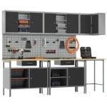 vidaXL Set masă depozitare de unelte, 10 piese, negru, lemn și metal