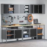 vidaXL Set masă depozitare de unelte, 10 piese, negru, lemn și metal