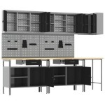 vidaXL Set masă depozitare de unelte, 10 piese, negru, lemn și metal