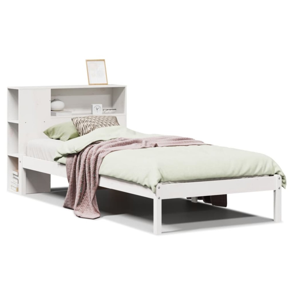 vidaXL Pat cu bibliotecă fără saltea, alb, 75x190 cm, lemn masiv pin