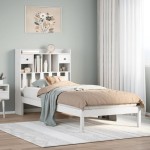 vidaXL Pat cu bibliotecă fără saltea, alb, 90x200 cm, lemn masiv pin vidaXL Pat cu bibliotecă fără saltea, alb, 90x200 cm, lemn masiv pin
