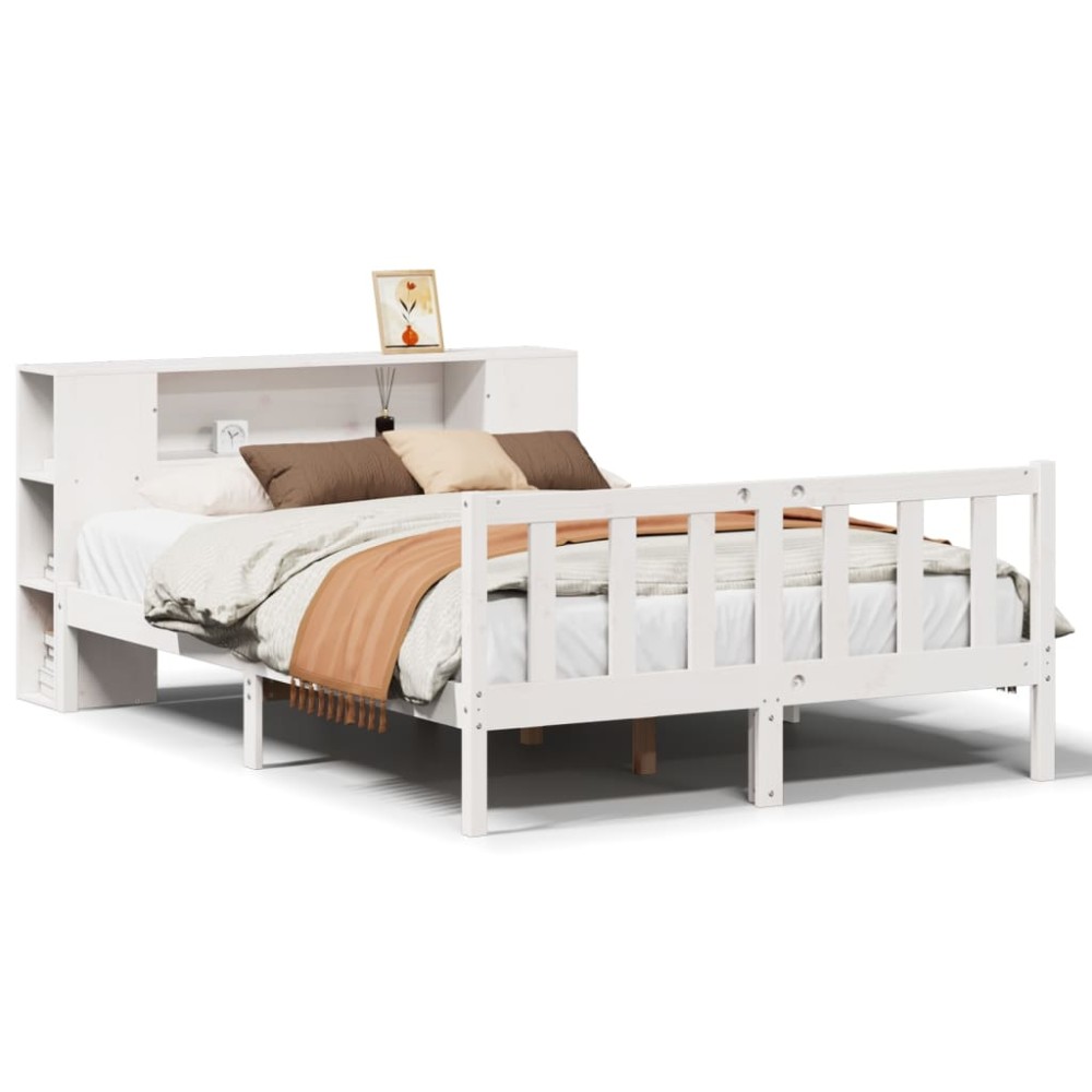 vidaXL Pat cu bibliotecă fără saltea, alb, 140x190 cm, lemn masiv pin