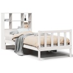 vidaXL Pat cu bibliotecă fără saltea, alb, 90x190 cm, lemn masiv pin vidaXL Pat cu bibliotecă fără saltea, alb, 90x190 cm, lemn masiv pin