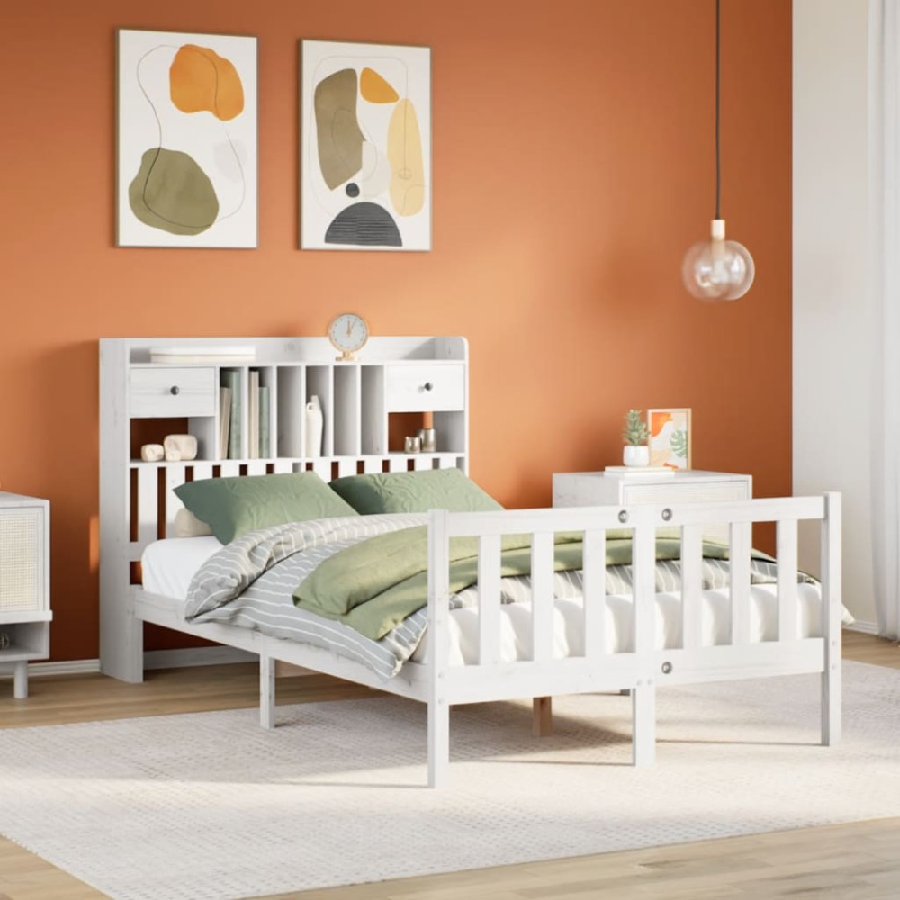 vidaXL Pat cu bibliotecă fără saltea, alb, 135x190 cm, lemn masiv pin